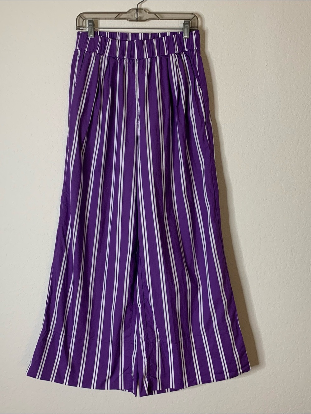 Mikoh Womens purple white stripe 100% cotton poplin wide leg pants 3/L